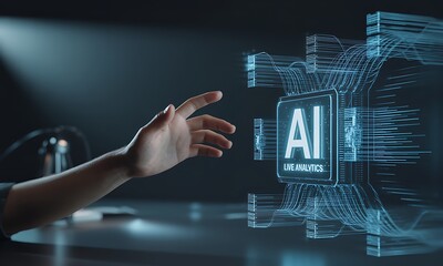 Human hand interacting with holographic AI live analytics interface, ideal for illustrating future technology, data visualization, and artificial intelligence concepts