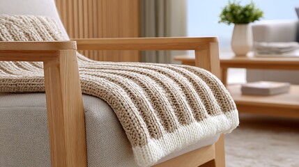 Close-Up Photography of a Beige Knit Blanket on a Stylish Wooden Chair