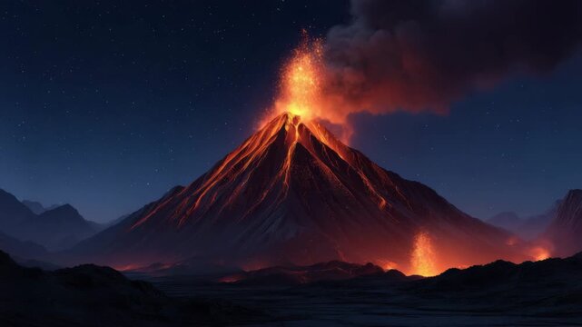 Volcano eruption night glowing lava flowing down mountain slopes with fire smoke rising into starry sky creating dramatic intense natural landscape and powerful glowing nature scene