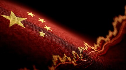 Chinese economy and financial market analysis with flag and stock market graph representation