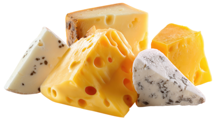 Assortment of delicious cheeses isolated on transparent background Remove png, Clipping Path, pen tool