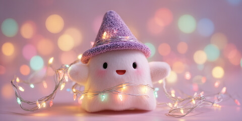 Cute pastel Halloween ghost with fairy lights