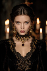 elegant gothic portrait of a vampire woman with golden eyes and fangs