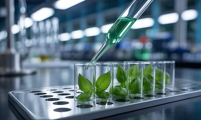 Green liquid dropper adding solution to basil leaves in test tubes in modern laboratory, ideal for illustrating biotechnology, plant research, and sustainable science concepts