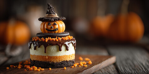 festive halloween dessert styled as a pumpkin cheesecake stack