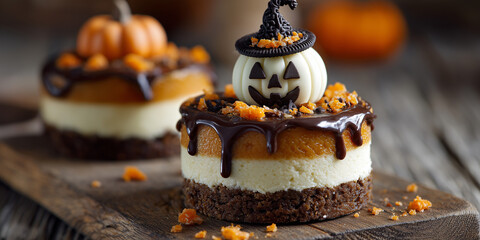 festive halloween dessert styled as a pumpkin cheesecake stack