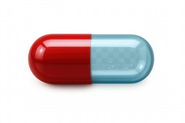 Red and blue transparent medicine capsule illustrating health, cure, and medical treatment concept on a transparent background