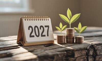2027 desk calendar with coin stacks growing green plants, symbolizing future financial growth and investment planning