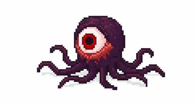 Pixel art monster with a large central eye, red iris, and multiple dark tentacles, resembling a game enemy.