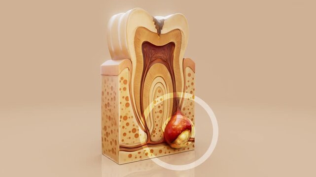 Conceptual 3D animation of a dental abscess with pus and infection