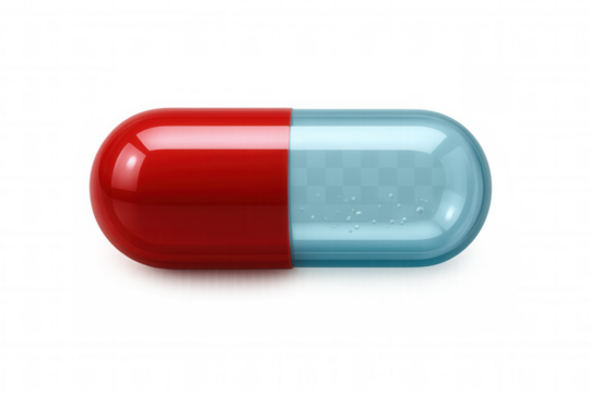 Red and blue transparent medicine capsule illustrating health, cure, and medical treatment concept on a transparent background