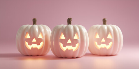 three white pumpkins carved with glowing jack-o’-lantern faces