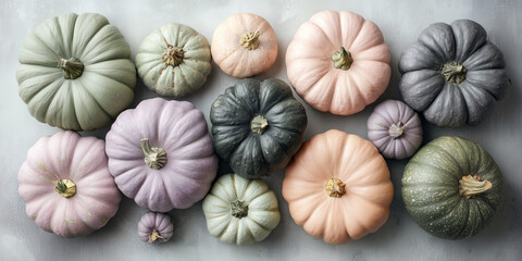 Pastel heirloom pumpkins flat lay