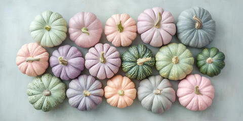 Pastel heirloom pumpkins flat lay