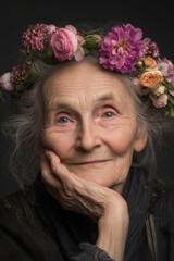 Portrait of elderly woman with flowers