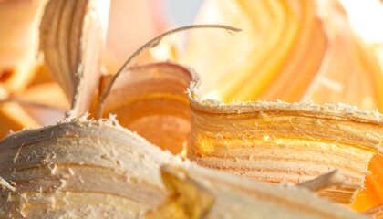 Curled, thin, textured wood shavings, lit from behind, reveal delicate grain and form abstract patterns