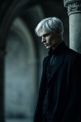mysterious portrait of a young man with platinum blonde hair and piercing blue eyes