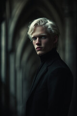 mysterious portrait of a young man with platinum blonde hair and piercing blue eyes