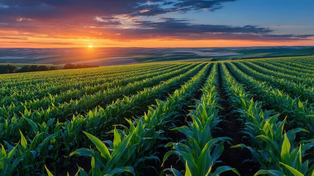 Sunset over green cornfield with rows of young plants stretching into distance under colorful sky, peaceful agricultural farmland landscape showcasing vibrant rural crop field beauty