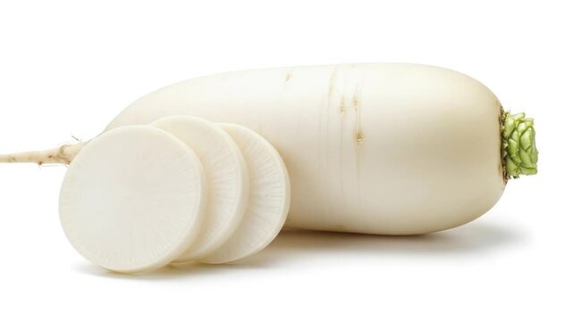 A white daikon radish with three sliced pieces in front on a white surface