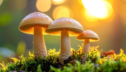 Three amber-toned mushrooms sit atop mossy forest floor, bathed in soft, golden light with bokeh in the background