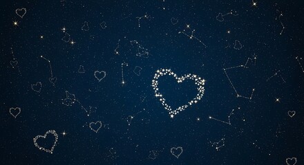 Magical night sky reveals glowing constellations and sparkling heart shapes, evoking wonder and romance for celestial celebrations