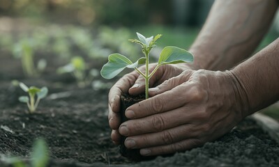 Close-up of hands planting young green seedling in soil, ideal for promoting sustainable agriculture, gardening, and environmental conservation concepts