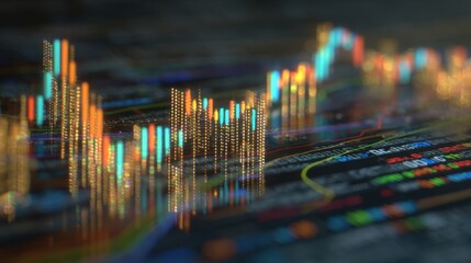 Abstract financial market data visualization with colorful candlestick charts and digital interface showcasing trading activity and stock performance metrics