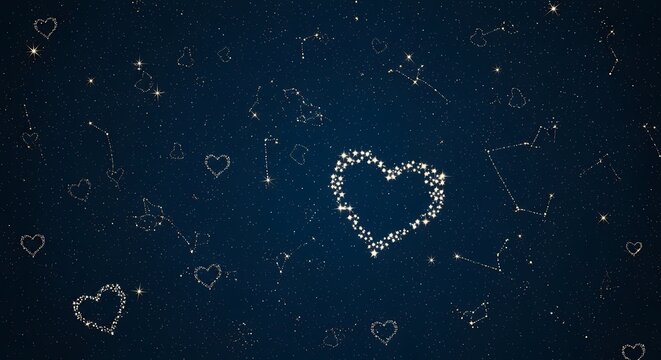 Magical night sky reveals glowing constellations and sparkling heart shapes, evoking wonder and romance for celestial celebrations - Powered by Adobe