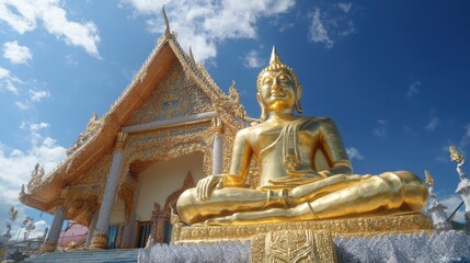 Fototapeta premium Majestic Golden Buddha Statue Surrounded by Intricate Temple Architecture Under a Bright Blue Sky with Fluffy White Clouds in a Serene Landscape