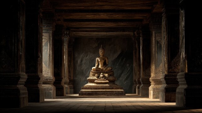 Serene Buddha Statue in Ancient Temple Surrounded by Ornate Columns and Soft Light Creating Tranquil Atmosphere for Meditation and Reflection