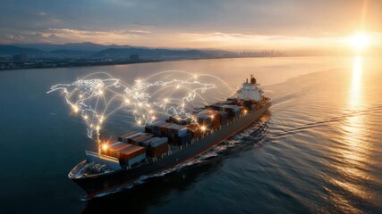 Global shipping container cargo ship sailing ocean sunset with digital network connection lines symbolizing worldwide logistics transport freight import export maritime industry international vessel - Powered by Adobe
