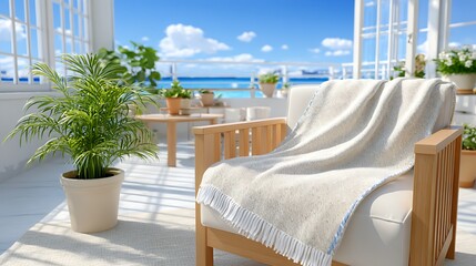 Obraz premium Sunlit Interior with Woven Beige Knit Blanket and Indoor Plants by the Sea