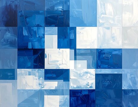 Abstract arrangement of blue & white square tiles with textured paint strokes, creating a grid-like mosaic pattern
