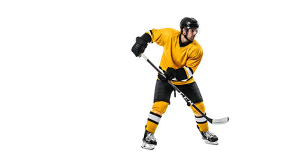 Fototapeta premium Hockey player in yellow uniform playing ice hockey.