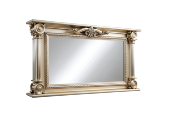 Elegant rectangular mirror with decorative architectural frame in a gold champagne finish