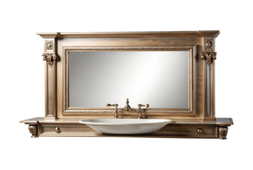 Elegant Bathroom Vanity Featuring Ornate Mirror, Sink, and Faucet Against White Backdrop