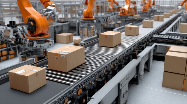 Advanced robotic arms sorting packages on a conveyor belt in a modern automated warehouse environment with high efficiency and precision