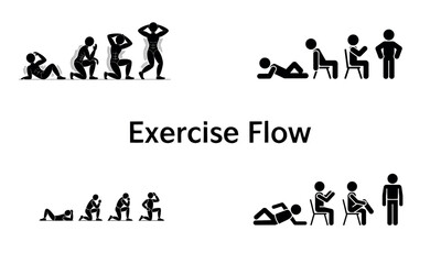 Exercise flow icon set showing fitness movements and workout positions
