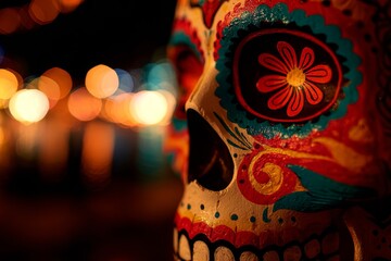 Close-up of a vibrantly decorated sugar skull, featuring intricate designs in vibrant colors against a softly blurred background of city lights at night.
