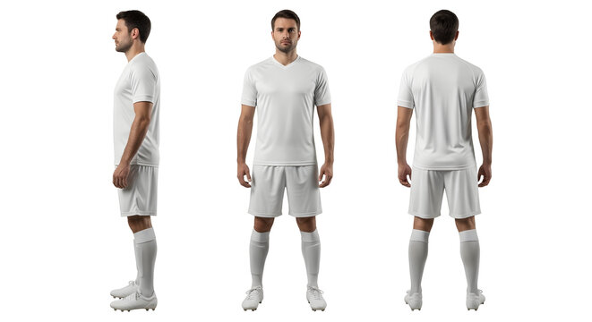 Male Soccer Player in White Uniform from Three Angles.