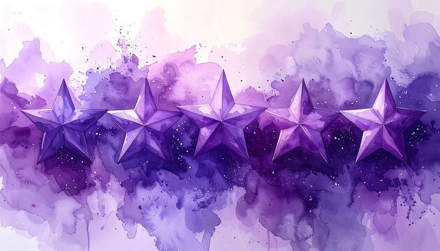 Watercolor painting shows five purple stars in a row atop a purple and white wash background with gold flecks - Powered by Adobe