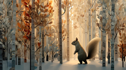 Squirrel explores a tranquil forest during autumn with beautiful foliage and soft sunlight filtering through trees