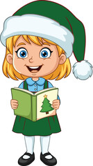 Cute cartoon girl wearing green Santa hat reading Christmas book, happy child enjoying festive holiday season illustration for celebration design