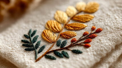 Intricate hand embroidery featuring golden leaves and red berries on a light fabric background created during daytime