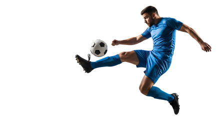 Soccer player in blue uniform kicking a ball midair.