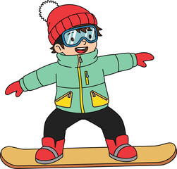 Happy cartoon boy snowboarding on winter mountain, wearing red hat, goggles, green jacket, enjoying outdoor sport fun holiday illustration