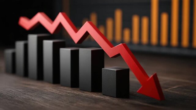 Red arrow pointing downward black bar graph chart showing financial decline economic downturn investment risk negative growth trend business decreasing sales market crash economic trend investment