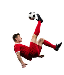 Soccer player performing a bicycle kick with a soccer ball 1.