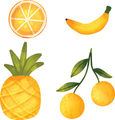 Collection of watercolor illustrations featuring tropical fruits, straw bag, hat, and beach accessories. Suitable for travel blogs, print designs, and summer greeting cards.